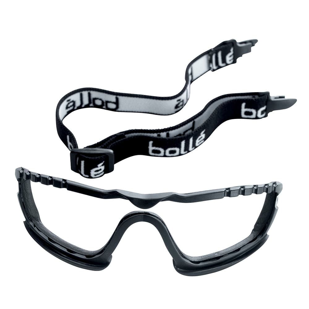Cobra spare parts kit with black goggle strap with white inscription "bollé" and black frame