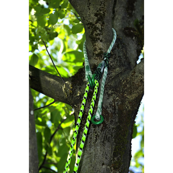 multiSAVER white-green rope with green metal rings and two yellow-black ropes, attached to a tree