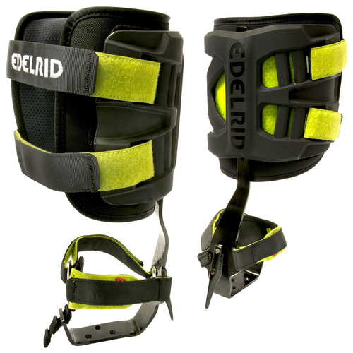 Edelrid Talon L via ferrata set in black and yellow with metal tip and Velcro fasteners, two views side by side