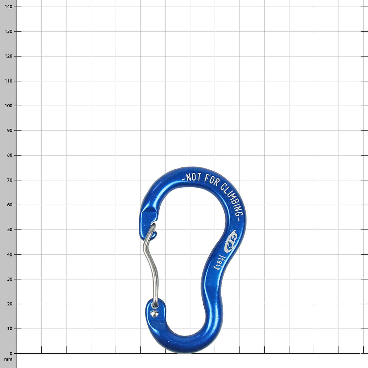 Key Wire blue snap hook with the inscription "NOT FOR CLIMBING" and "Italy" on a white grid background