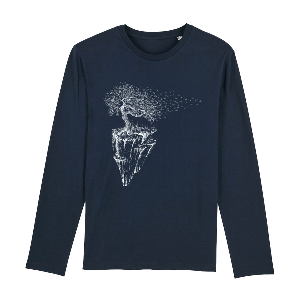 Iceland Longsleeve, dark blue long-sleeved shirt with white motif of a tree on a floating rocky island