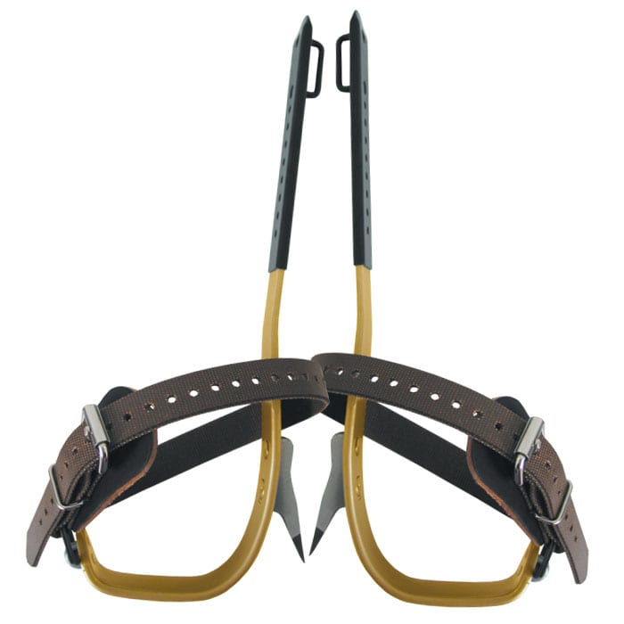 Buckingham Titan S crampons with brown leather straps and gold-tone metal frame