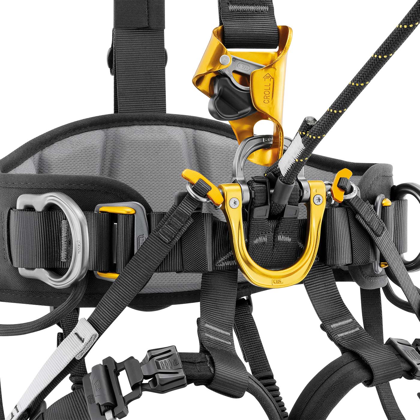 Astro Bod Fast harness by Petzl in close-up with a yellow belay device and a rope passed through the harness