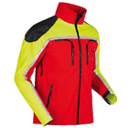 Forest Light jacket in red, yellow and black with multiple zippered pockets and stand-up collar
