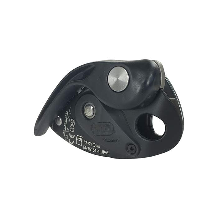 Grigri climbing frame by Petzl in black plastic with technical specifications and certifications on the back