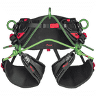 Tree climbing harness treeMOTION Essential X in black with green metal rings and green ropes, manufacturer Teufelberger