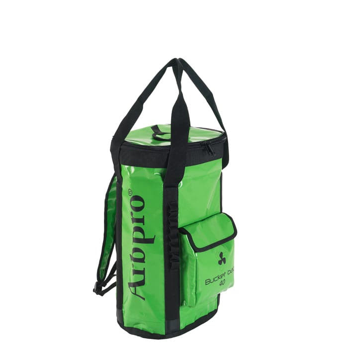 Green Bucket Backpack 40 by Airpro with black zipper, carrying handles and front pocket with flap