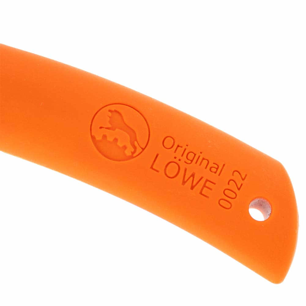 Close-up of orange handle with embossed original LÖWE logo and number 0022