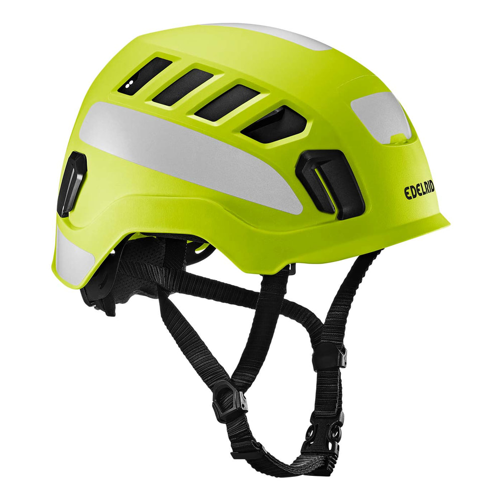 Tectum Air Hi-Viz climbing helmet by Edelrid in bright yellow with white reflectors and black chin strap, side view