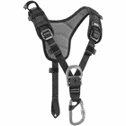 Top by Petzl, black shoulder strap with grey padded back panel and metal eyelets at the front, snap hook attached