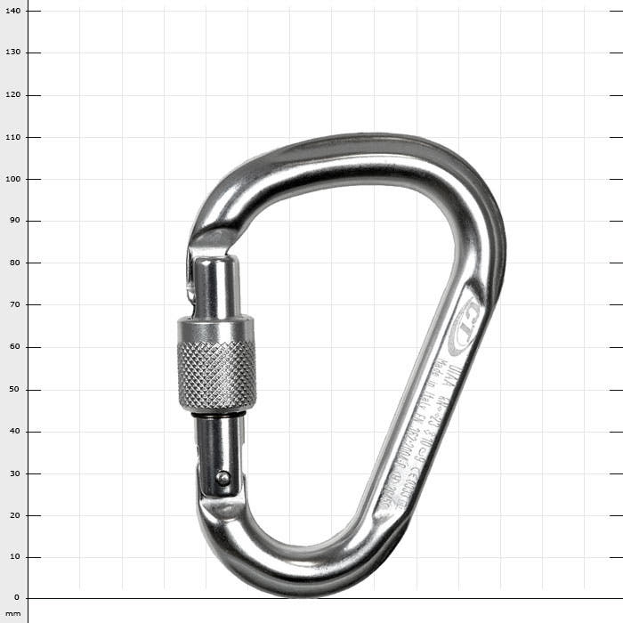 Tofana HMS Screw metal carabiner with screw cap, silver-coloured, on a white background with dimensions