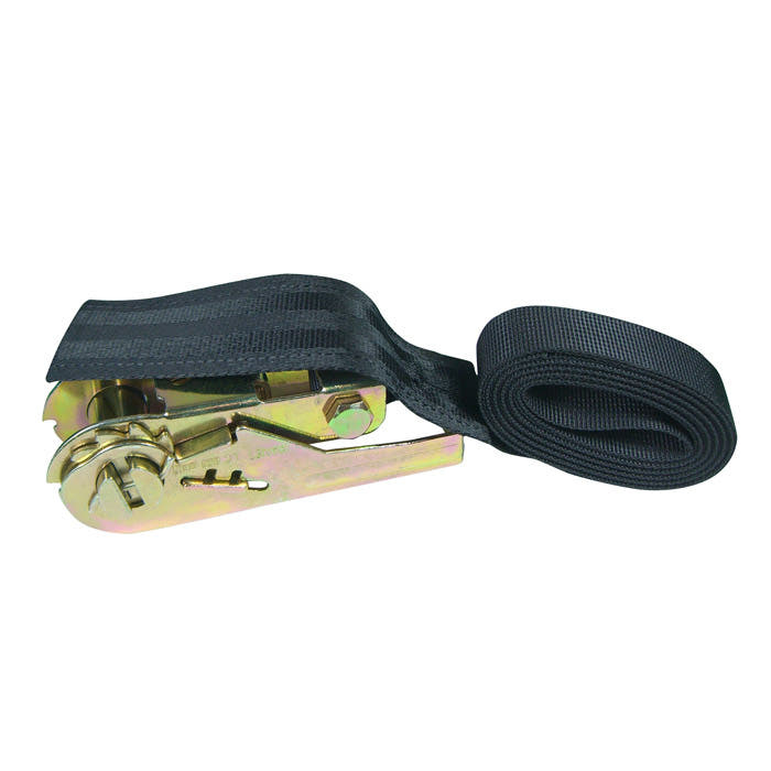 Monkey ratchet strap with black strap and silver ratchet closure from the side, strap rolled up
