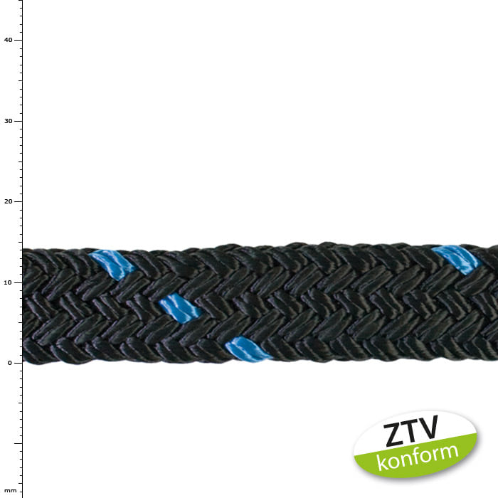 Black braided rope with blue markings, product name tree save 2 t blue