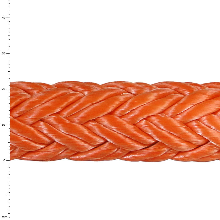 Tenex TEC 25 orange-red braided rope with fine structure and smooth surface