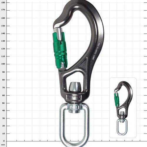 Flex Fly Sidewinder Large Black Snap Hook with Green Locking Mechanism and Silver Swivel on White Background with Measurements