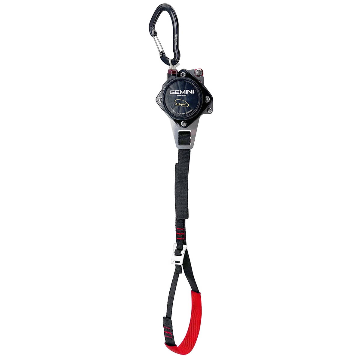 Gemini Knee, a belay device with black carabiner, round black housing with white inscription and black strap with red end