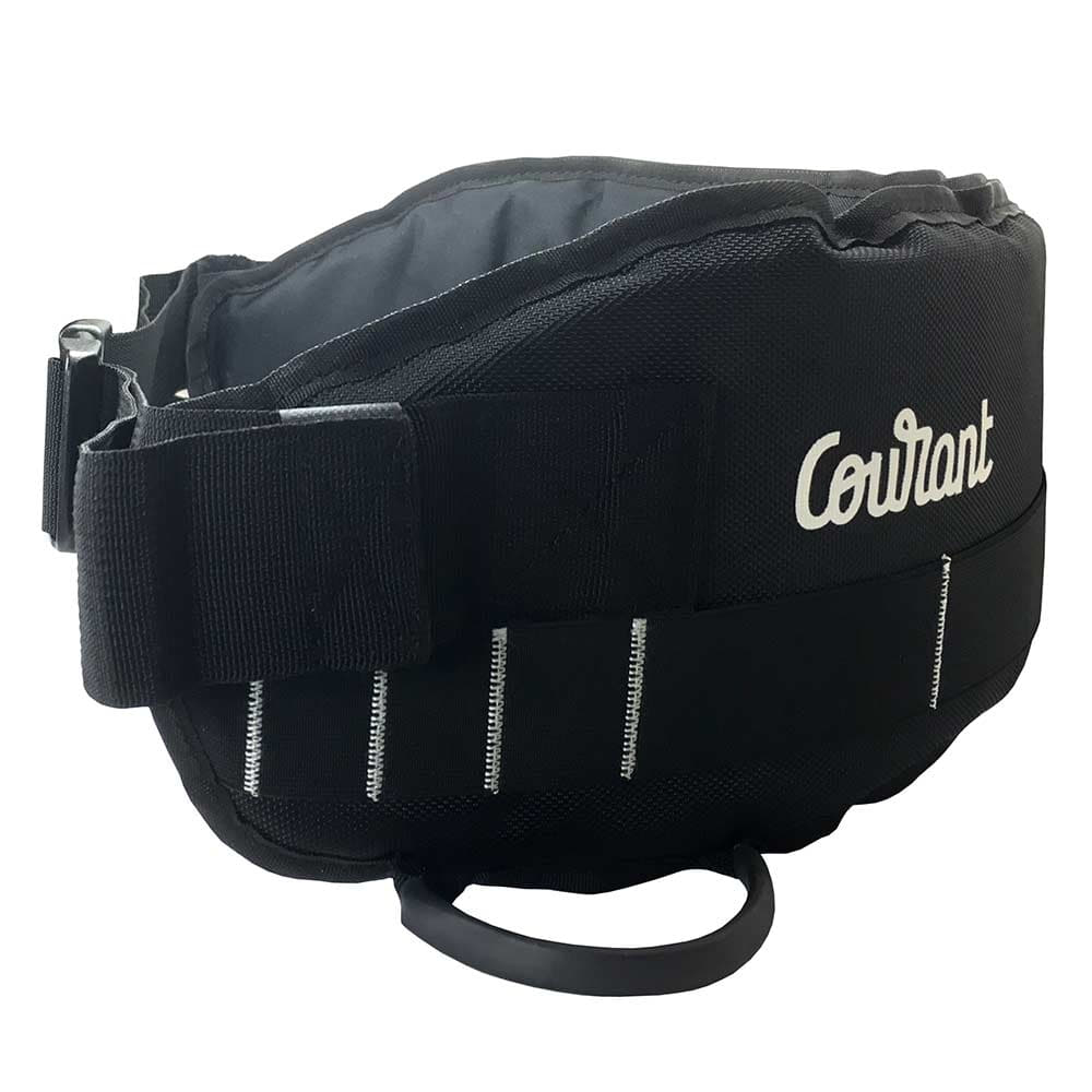 Black cross belt with white stitching and lettering "Courant" from a side perspective, manufacturer not visible