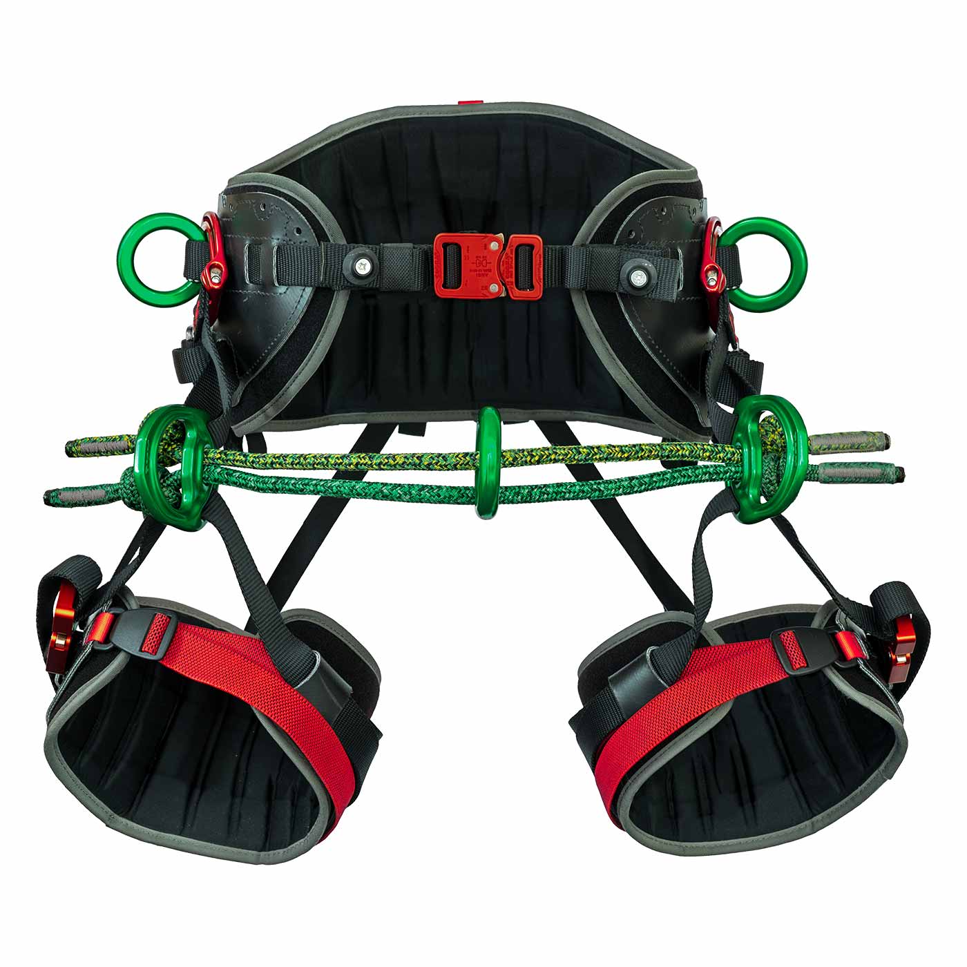 Kinisi Pro Harness with Black Padded Waist Belt, Green Metal Rings and Red Buckles, Front View