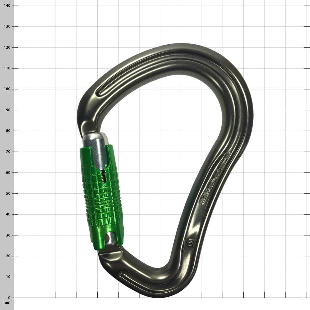 BOA metal carabiner with green closure mechanism and smooth surface