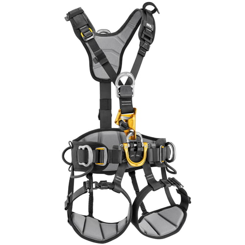Astro Bod Fast climbing harness by Petzl in grey and black with yellow metal parts and padded leg and hip loops