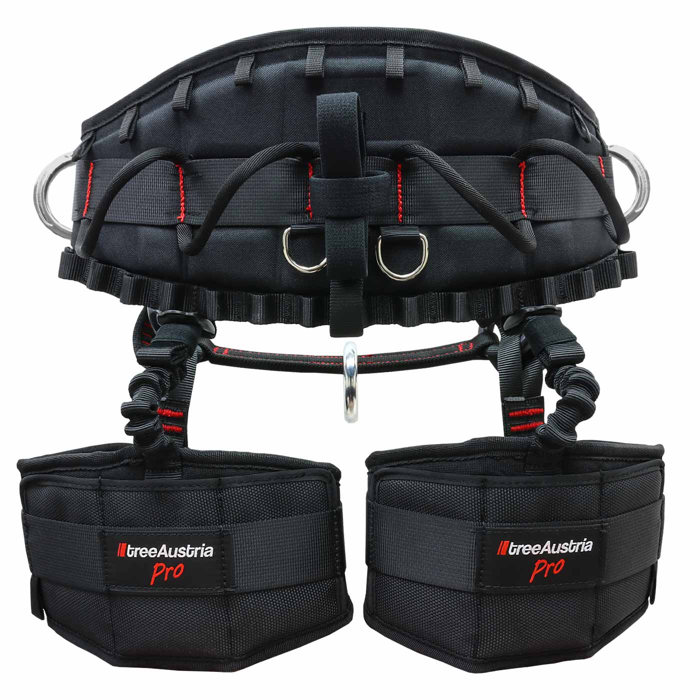 Black climbing harness treeAustria Pro size 3 with red stitching, metal rings and padded leg cuffs from the back, with treeAustria Pro logo