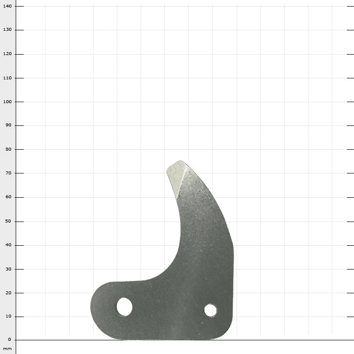 Helium anvil blade, a small metallic blade with two mounting holes and a sharp, curved cutting edge