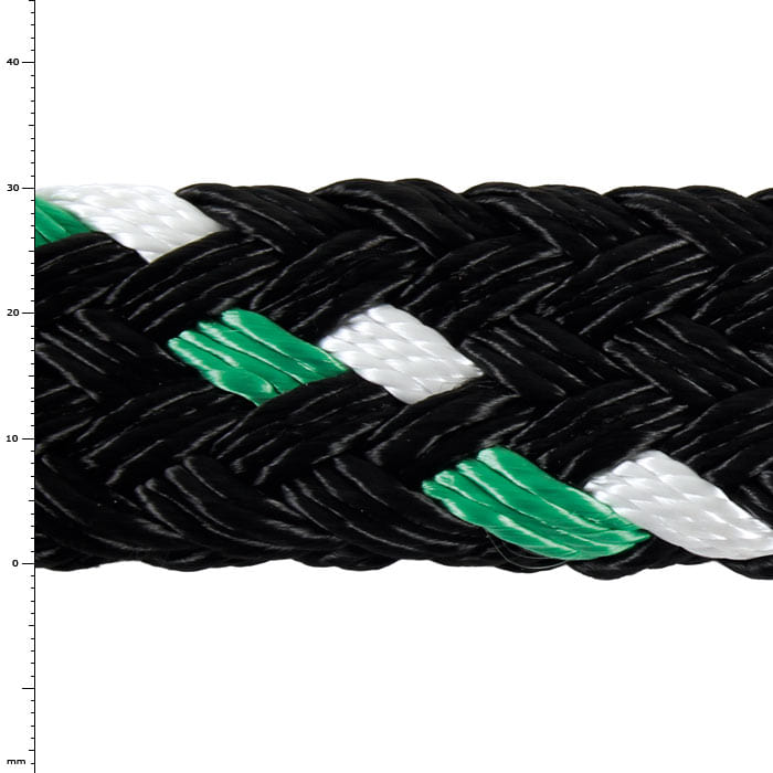 GEFA 10T PES green, close-up of a braided rope with black, white and green fibers
