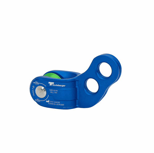 Blue Teufelberger glideHITCH pulley with two large holes and green pulley in the middle, side view