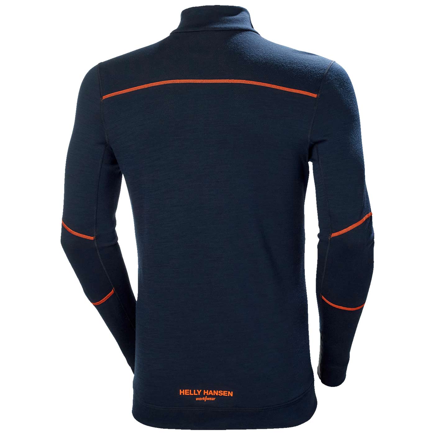 LIFA Merino Half Zip by Helly Hansen, back view of the long-sleeved top in black with orange details