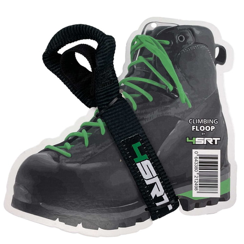 Floop 1 by 4SRT, black climbing boot with green laces and a black webbing with 4SRT logo