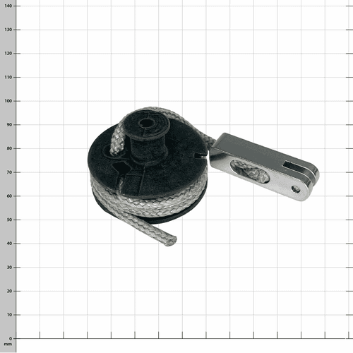 Helium rope system scissor head v2, black round plastic body with grey rope, silver metal part and checkered background from a slightly oblique perspective