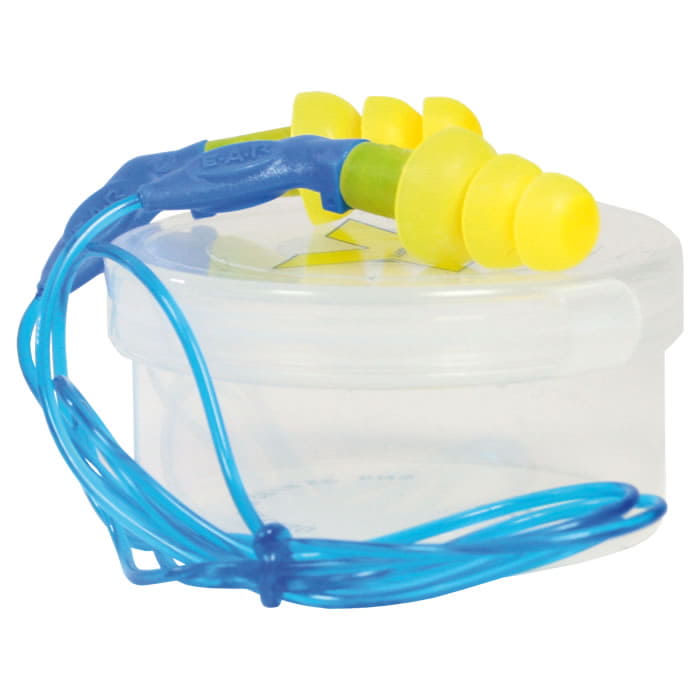 Ultrafit X yellow earplugs with blue cord on transparent round case