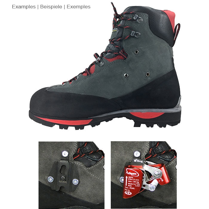 Side view of the Andrew Quickstep hiking boot in grey, red and black with two small detail images underneath showing a black bracket and a red climbing frame