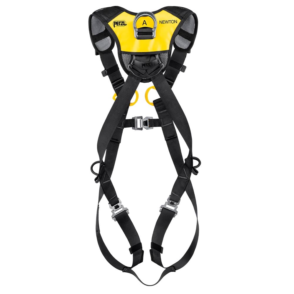 Newton Fast safety harness by Petzl with yellow back pad, black webbing, yellow rings and metal eyelet, manufacturer name Petzl visible
