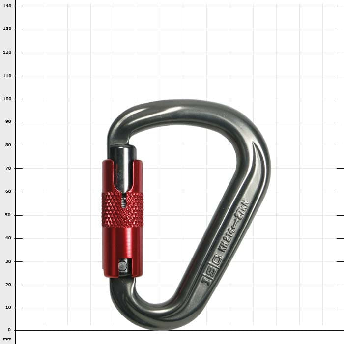 Mighty-Mouse snap hook with red screw cap and silver metal body, manufacturer not visible