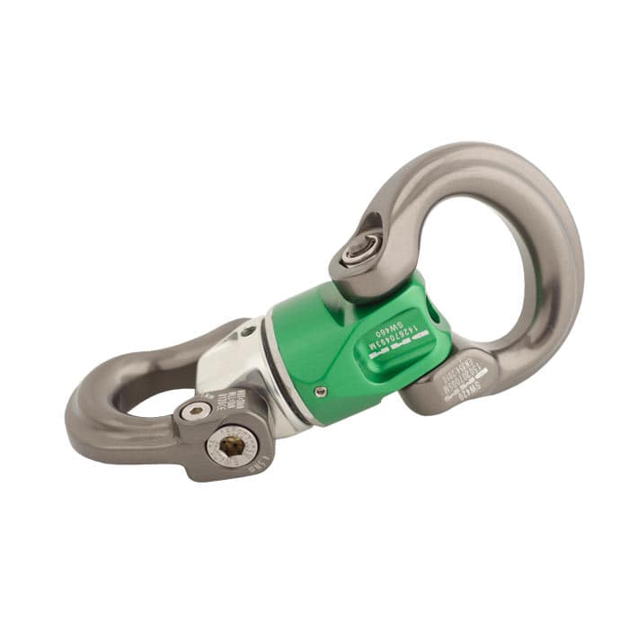 Mini-Swivel Nexus 1, a swivel snap hook with green middle section and silver hooks, photographed sideways on a white background