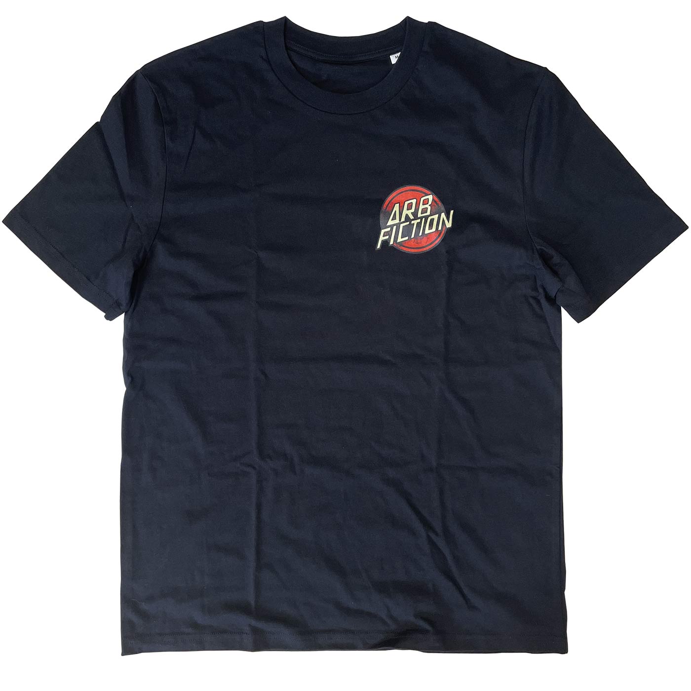Black T-shirt with small red and yellow logo "ARB FICTION" on the left chest, product name Screaming Hand