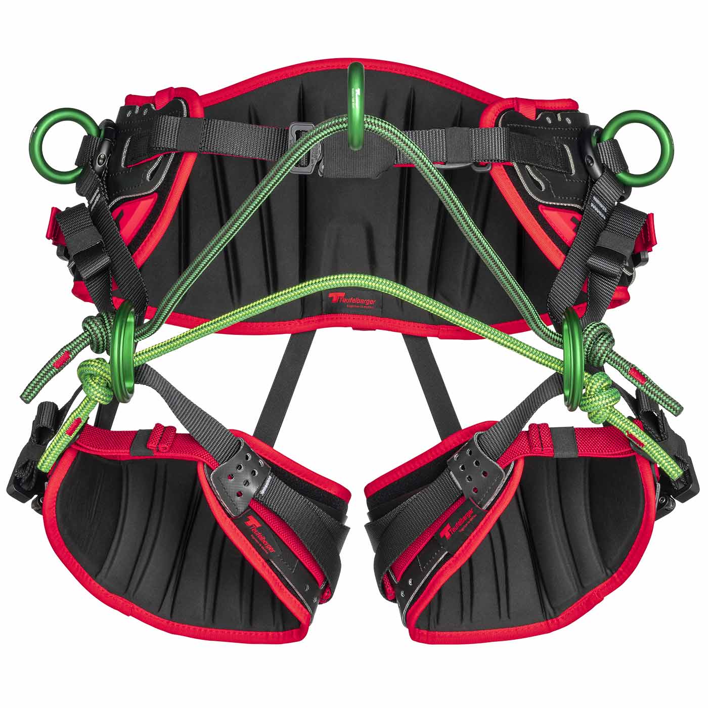 treeMOTION Pro X Climbing harness with black and red pad, green metal rings and green ropes, manufacturer Trufilanger