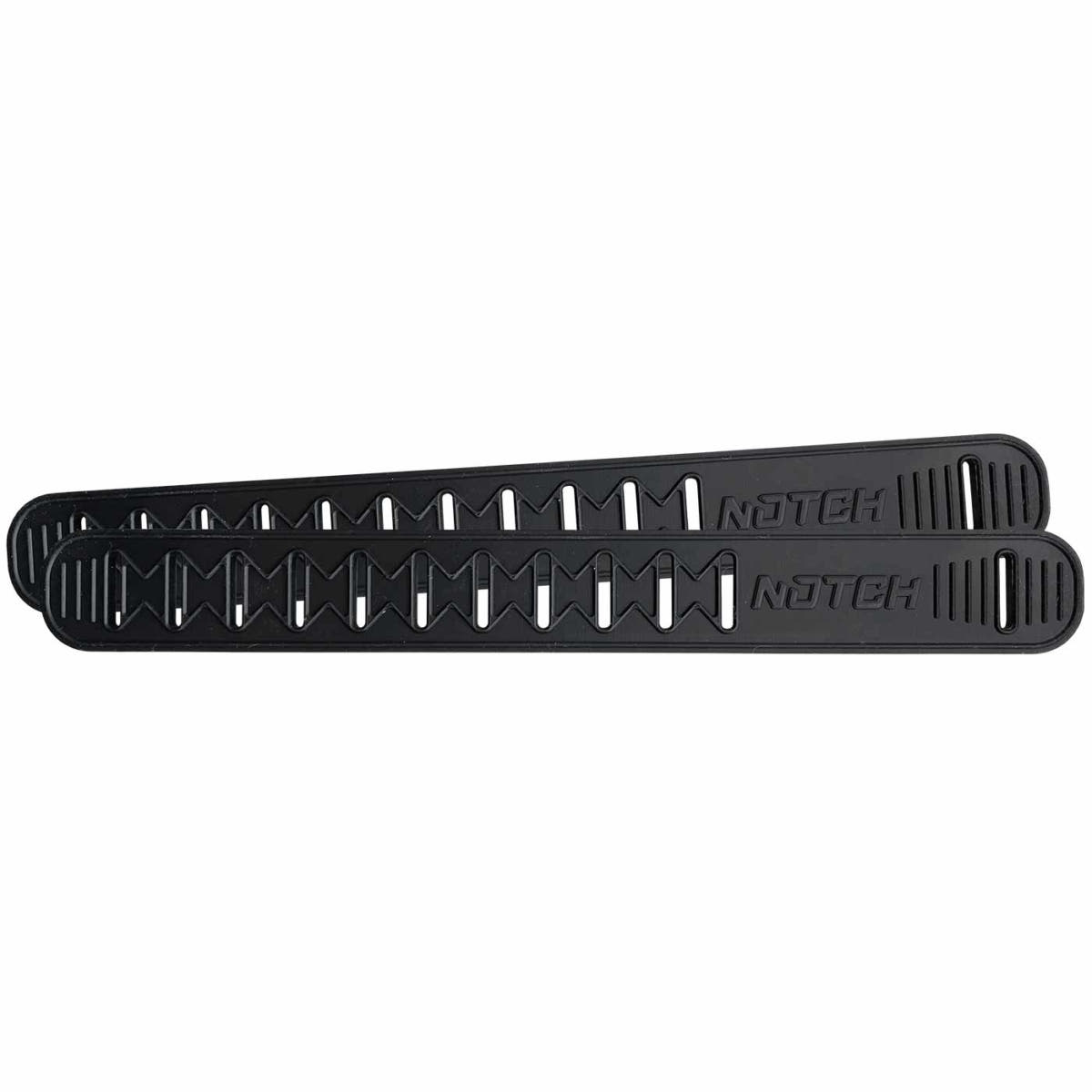 Two black Talon rubber rubber straps with cut-outs and the lettering "NOTCH" next to each other