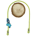 Flexbee rope with blue-yellow climbing rope and blue belay device, attached to a wooden trunk