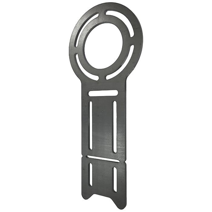 Mounting plate long, grey metal plate with oval and rectangular cut-out, without visible manufacturer