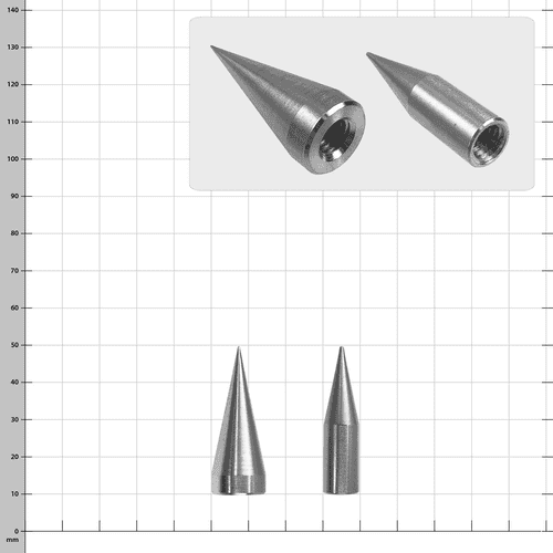 Two pointed metal attachments of the soil probe on a grid background with a close-up of the threaded connections
