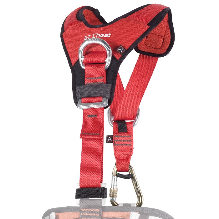 Red GT Chest shoulder strap with black padding, silver carabiner and white lettering by Camp