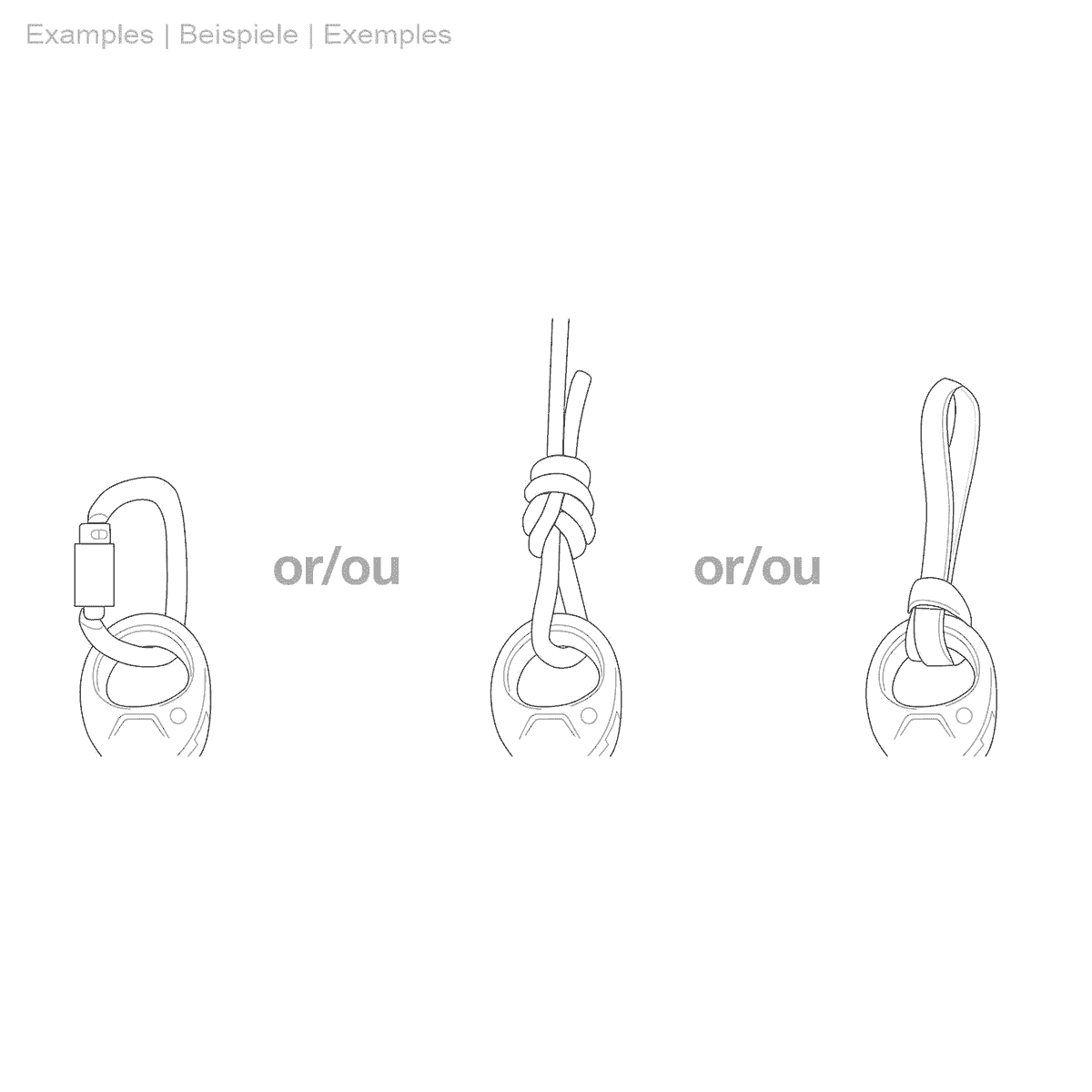 Black and white technical drawing with three variants for attaching the Petzl Pro Traxion pulley to a carabiner or rope end
