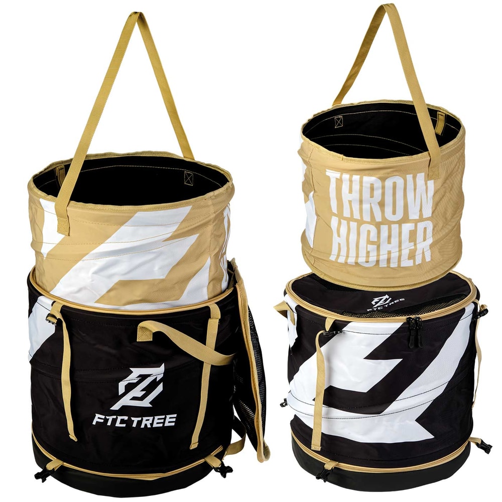 Two Matriosac 3 bags, one beige with white lettering THROW HIGHER and one black with white FTC TREE logo and large white arrows, standing next to each other