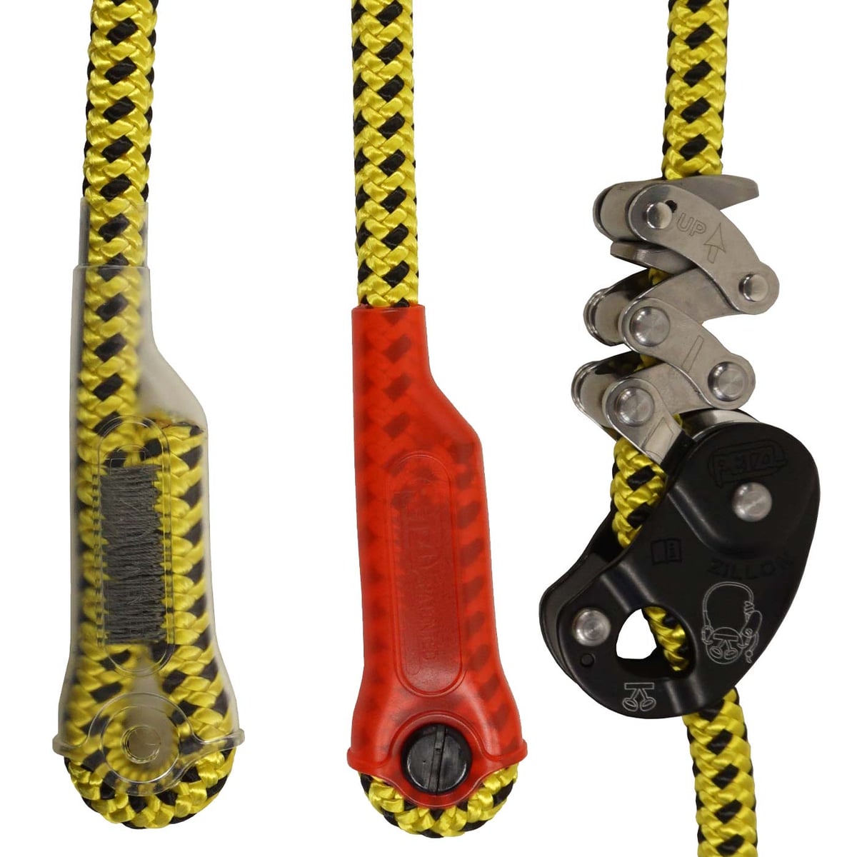 Close-up of the yellow and black Zillon short fuse with transparent and red plastic protection and a steel clamping device