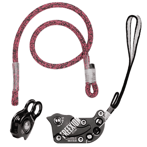 Freexion System Sphinx by CMP, consisting of a black climbing frame with white lettering, a pink and black rope with loops and a black ribbon with a loop