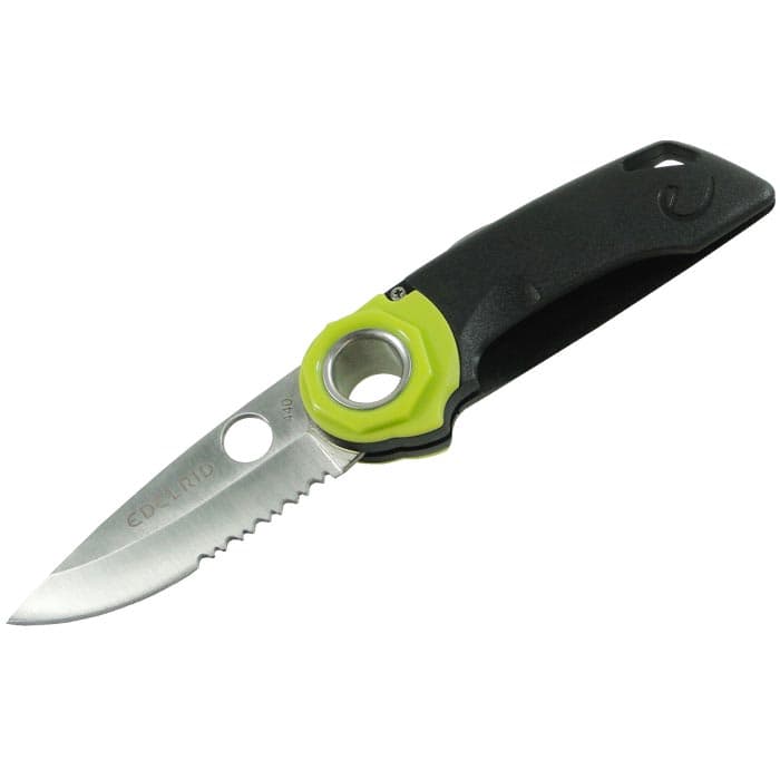 Ropetooth folding knife by Edelrid with black handle, green accent and silver blade, opened, photographed from above