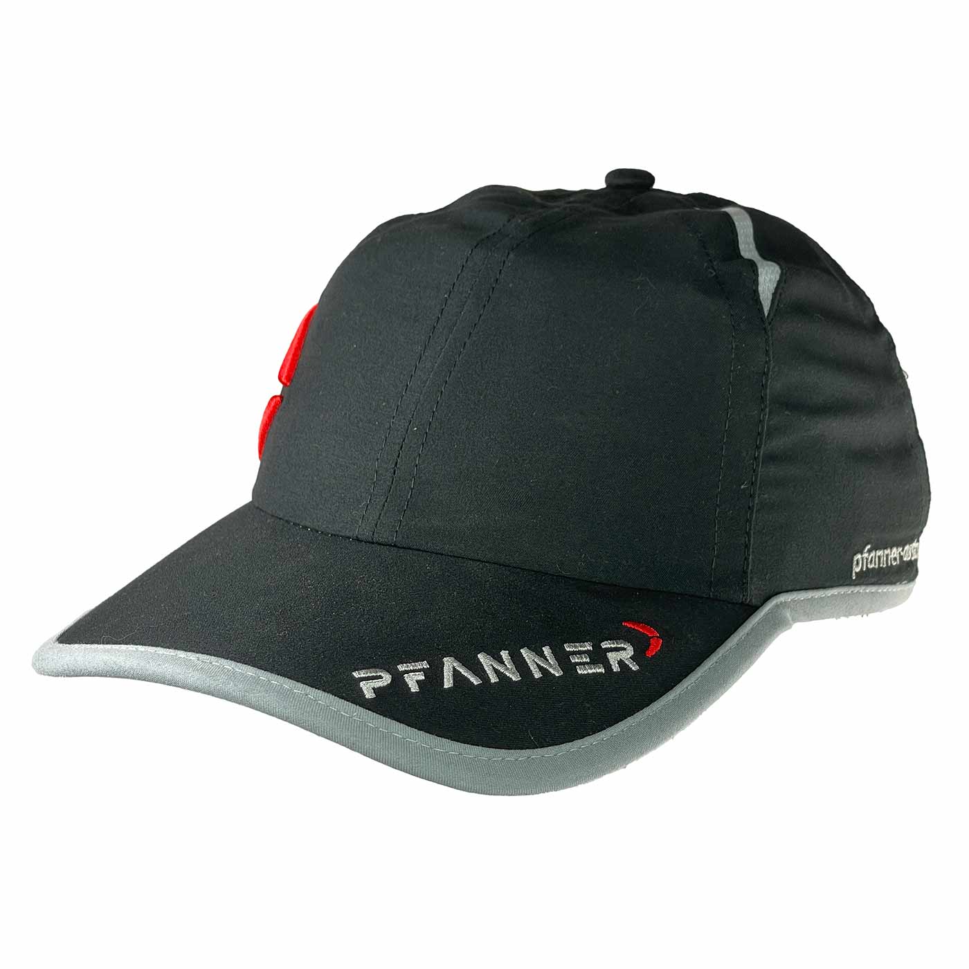 PFANNER® Cap black cap with grey trim and white and red PFANNER lettering on the front