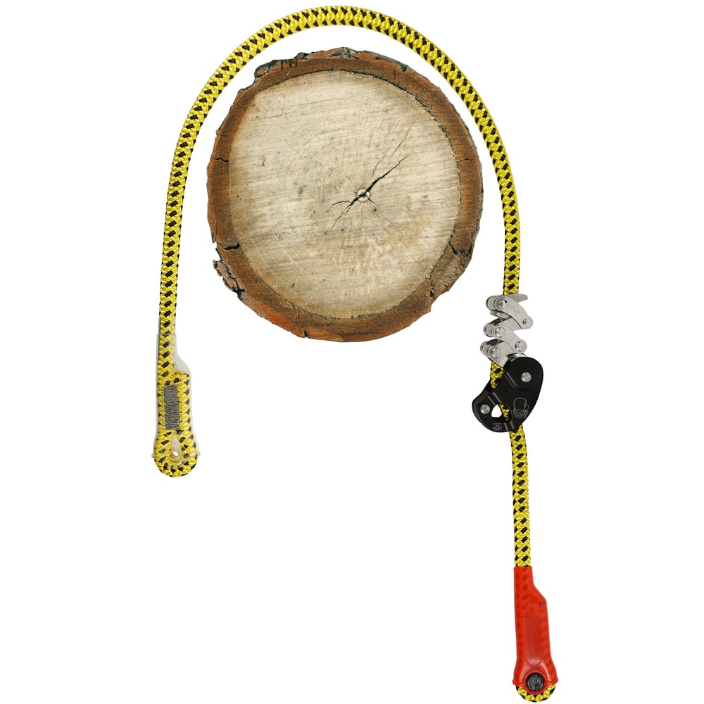 Zillon short safety device with yellow and black pattern, attached to a piece of wood, with metal and plastic parts at the end of the rope